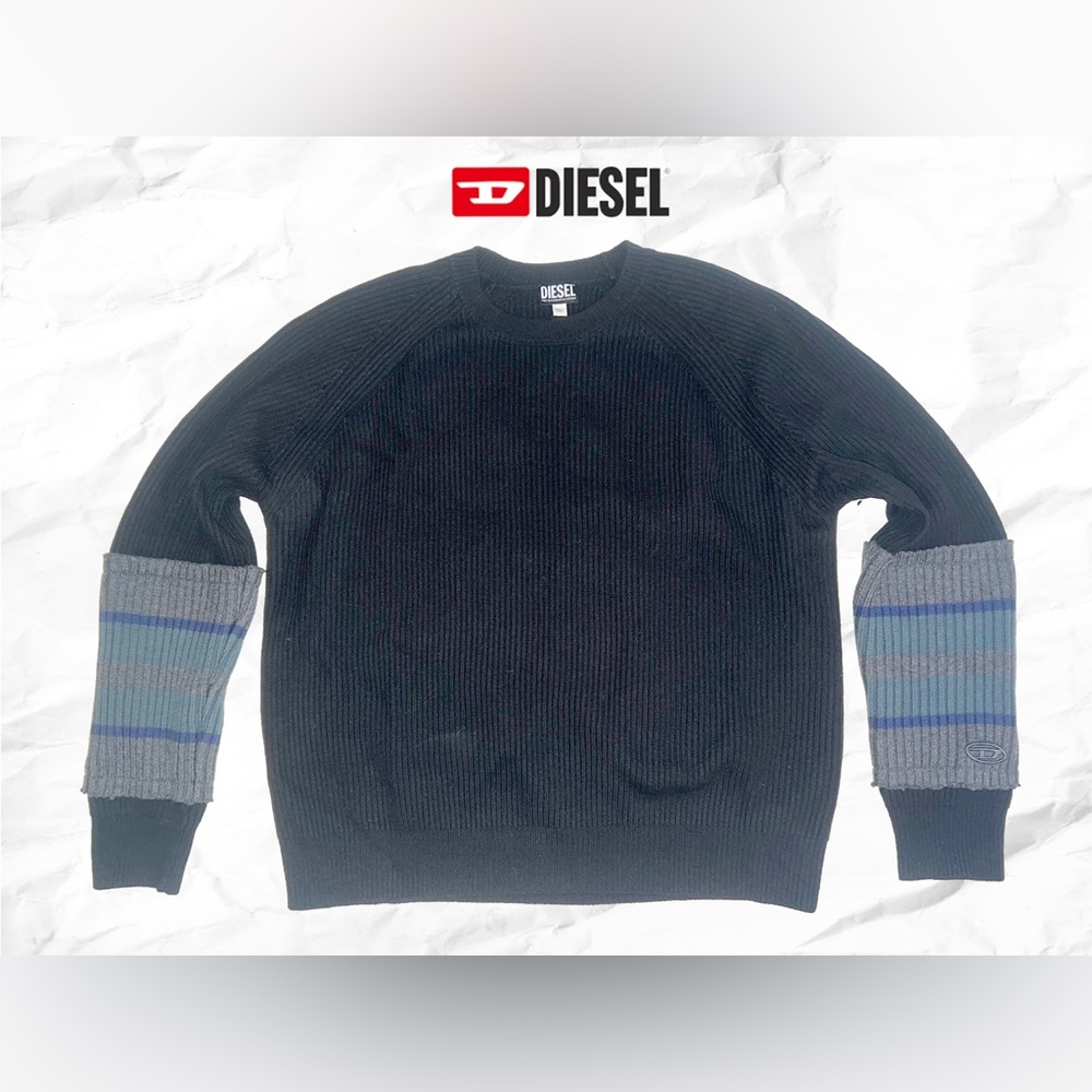 Diesel Men's Black Raglan Sweater with Gray and Blue Accents